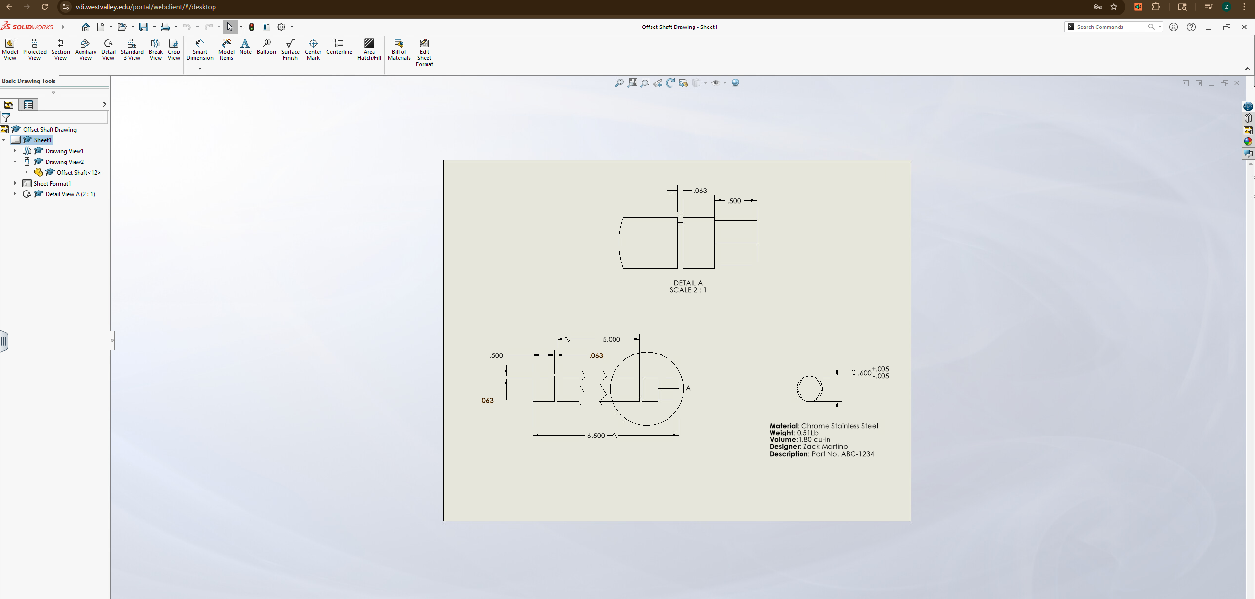 Offset shaft technical drawing — chrome stainless steel, detail and section views